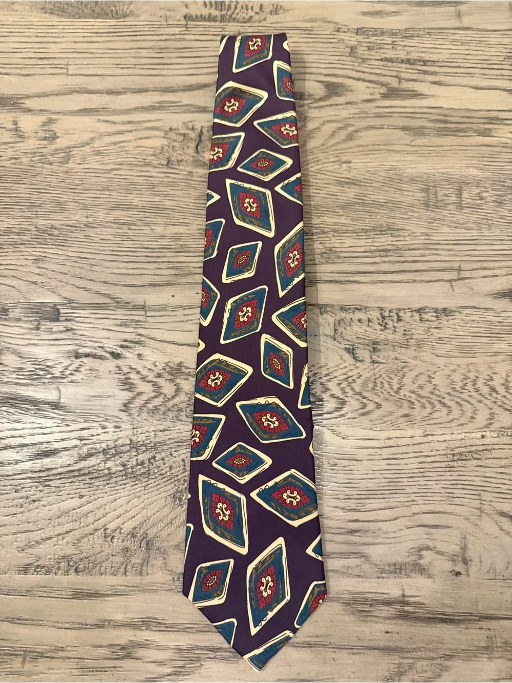 Vintage Dior Burgundy Silk Tie with Blue and Red Medallions